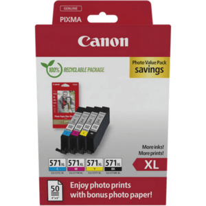 Pachet foto 4 cartuse Canon BK+C+M+Y CLI-571XL + hartie foto 10x15, 50 coli imagine