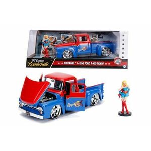 Masinuta cu figurina - Bombshells 1956 Ford F-100 Pickup, Super Girl (Albastru/Rosu) imagine
