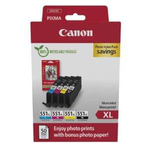 Pachet foto 4 cartuse Canon CLI-551XL BK+C+M+Y + hartie foto 10x15, 50 coli imagine