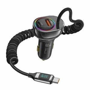 Incarcator Auto Usams Dual port USB si Type-C, Fast Charge Digital Display, PD, 60W, cu cablu Type-C, Negru imagine
