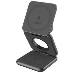 Incarcator Wireless pliabil 3in 1 Mako Mangetic, 15W Qi, suport de incarcare pentru iPhone, Apple Watch și Airpods, Gri imagine