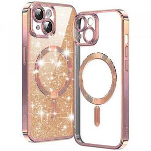 Husa MagSafe pentru Apple iPhone 15, Techsuit, Luxury Glitter, Roz Aurie imagine