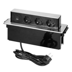 Priza pentru mobilier ORNO OR-GM-9014(GS)/B-G, incastrabila, panou culisant, 3 prize Schuko, 2 x USB Quick Charge 3.0, 3680 W, lungime cablu 2 m, negru/gri imagine