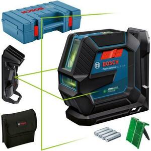 Nivela laser cu linii Bosch Professional 0601063W01, 15 m domeniu maxim lucru, ± 0.3 mm/m precizie lucru, ± 4° domeniu autonivelare, IP 64, suport universal LB 10, placuta vizare laser, husa, 4 baterii AA, stativ constructii BT 150 Professional imagine