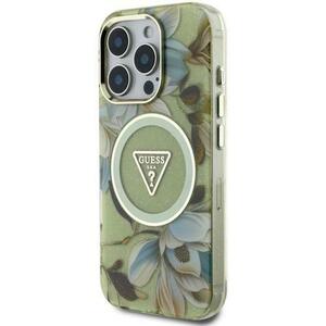 Husa Protectie Spate Guess Glitter Flowers Triangle Buttons, MagSafe, pentru iPhone 16 Pro Max (Verde) imagine