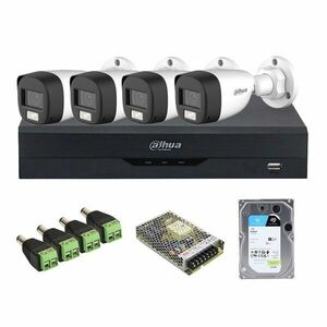 Sistem supraveghere exterior middle Dahua DH-M4EXTIRALB20-5MP-M, 4 camere, 5 MP, IR/lumina alba 20 m, 3.6 mm, microfon, HDD 1TB imagine