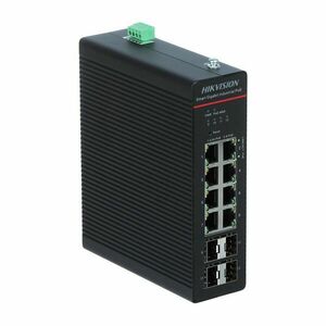Switch industrial Hikvision DS-3T1512HP-SI-8P4F, 8 porturi PoE, 10/100/1000 Mbps, 4 SFP Gigabit, buget PoE 300W, sina DIN, cu management imagine