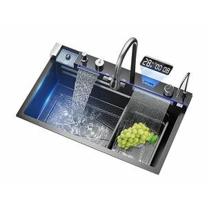 Chiuveta multifunctionala de bucatarie negru grafit cu 2 cascade robinet cascada afisaj digital temperatura 750x450 imagine