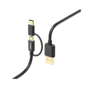 Cablu de date Hama 2in1, USB-A - microUSB, USB-C, 1m (Negru) imagine
