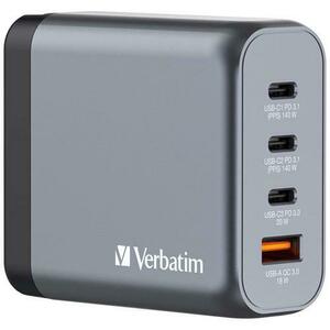 Incarcator retea Verbatim GaN GNC-140, 140 W, 2 x USB-C PD 140W, 1x USB-C PD 20W, 1 x USB-A QC 3.0 (Negru/Gri) imagine