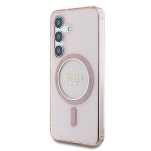 Husa Protectie Spate Guess Glitter Circle Classic Logo MagSafe pentru Samsung Galaxy S25 (Roz) imagine