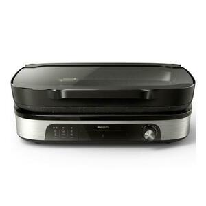 Gratar electric de masa Philips Seria 5000 HD6212/90, 2400 W, temperatura reglabila, dispozitiv de afumare, suprafata de frigere mare: 1250 cm², plita versatila, strat de piatra Maifan, placi detasabile, capac de sticla (Negru/Inox) imagine