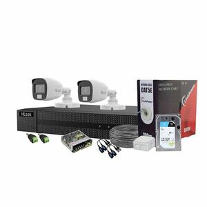 Sistem supraveghere exterior complet cu iluminare duala Hikvision HiLook KIT-HL-C-2C-C-0002, 5 MP, 2.8 mm, IR/lumina alba 20 m, microfon, HDD 1TB imagine