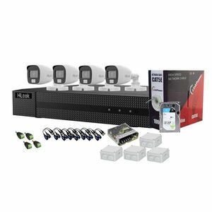 Sistem supraveghere exterior complet cu iluminare duala Hikvision HiLook KIT-HL-C-4C-C-0002, 5 MP, 2.8 mm, IR/lumina alba 20 m, microfon, HDD 1TB imagine