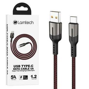 Cablu Date si Incarcare Lamtech, USB la Type-C, 5A, 1.2m, Negru/Rosu imagine