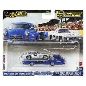 Masinute HOT WHEELS TRANSPORTATOR MERCEDES-BENZ 55 BLAUES WUNDER si MERCEDES-BENZ 300 SL, scara 1: 64 imagine