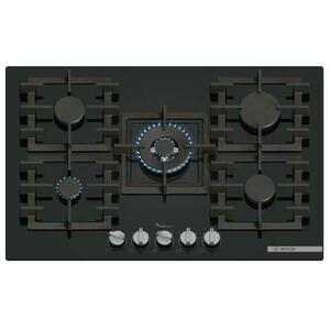 Plita incorporabila Bosch PPQ7A6I40, Gaz, 5 arzatoare, Flame select, Arzator Wok, Gratar fonta, 75 cm (Sticla neagra) imagine