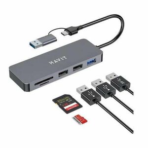 Hub USB-C multiplu 5 in 1 HAVIT HV-H41, 3 USB A, 2 SD card slot, 110 x 40 x 12 mm, Viteza transfer date 5 Gbps (Gri) imagine
