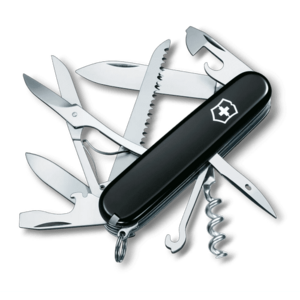 Briceag multifunctional Victorinox Huntsman Swiss Army Knife, 15 functii, Lama mica/mare, Tirbuson, Alezor, Perforator si punte de cusut, Foarfece, Ferastrau, Carlig, Breloc, Penseta, Surubelnita (Negru) imagine