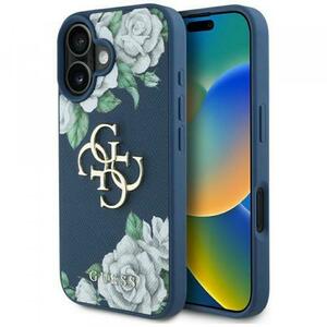 Husa pentru Apple iPhone 16, Guess, 4G Grained Roses Big Logo, Albastra imagine