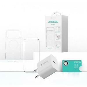 Devia Set 4 in 1 iPhone Air Incarcator retea GaN PD 30W + husa silicon Magsafe + folie sticla Military-Grade cu aplicator + folie sticla camera (Alb/Transparent) imagine