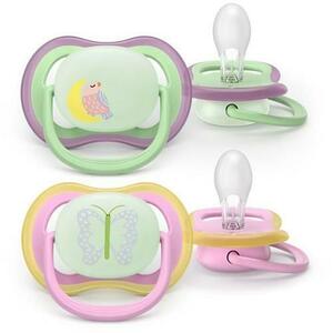 Set 2 suzete Philips Avent Ultra Air SCF376/29 care lasa pielea bebelusului sa respire, ortodontice, fara BPA, 6-18 luni, pentru noapte, cu buton fosforescent (Multicolor) imagine