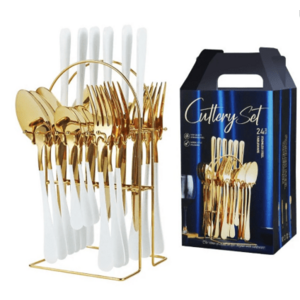 Set tacamuri 24 piese cu suport otel inoxidabil ALB AURIU imagine