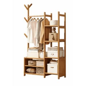 Cuier din bambus cu bara pentru haine si polite de depozitare design modern 140x100x37cm imagine