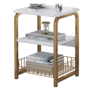 Masuta laterala moderna cu 3 niveluri cadru metalic auriu si blat tip marmura imagine