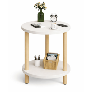 Masuta rotunda moderna cu polita blat alb si picioare din lemn 40 x 53 cm imagine