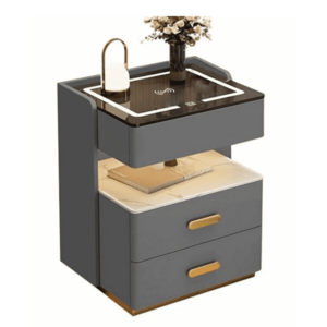 Noptiera inteligenta multifunctionala GRI INCHIS LED tactile 3 tipuri de culoare incarcare wireless Difuzor Bluetooth sticla securizata imagine