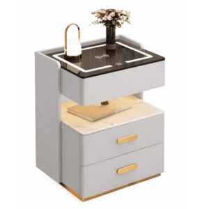 Noptiera inteligenta multifunctionala GRI DESCHIS LED tactile 3 tipuri de culoare incarcare wireless Difuzor Bluetooth sticla securizata imagine