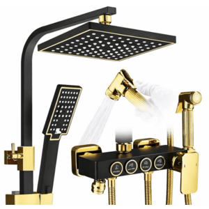 Sistem de dus premium cu 4 functii cap tip ploaie para dus si baterie cu control butoane finisaj negru auriu imagine