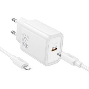 Incarcator Retea Cu Cablu Lightning 1m HOCO N62, 30W, 3A, 1 x USB-C (Alb) imagine