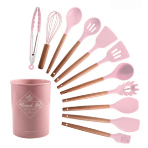 Set 12 ustensile MINI de bucatarie Lemn/Silicon ROZ imagine