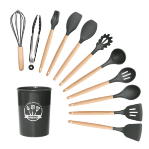 Set 12 ustensile MINI de bucatarie Lemn/Silicon GRI INCHIS imagine