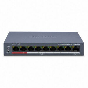 Switch cu 9 porturi Hikvision DS-3E0109P-E/M(C), 8 porturi PoE, 1 port uplink, 10/100Mbps, 2k MAC, buget PoE 80 W, fara management imagine